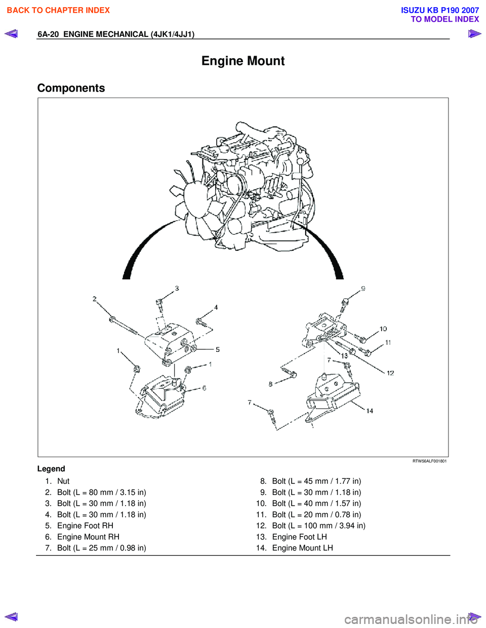 ISUZU KB P190 2007 Workshop Repair Manual 6A-20 ENGINE MECHANICAL (4JK1/4JJ1)
Engine Mount
Components
RTW 56ALF001801
Legend 1. Nut
2. Bolt (L = 80 mm / 3.15 in)
3. Bolt (L = 30 mm / 1.18 in)
4. Bolt (L = 30 mm / ISUZU KB P190 2007 Workshop Repair Manual 6A-20 ENGINE MECHANICAL (4JK1/4JJ1)
Engine Mount
Components
RTW 56ALF001801
Legend 1. Nut
2. Bolt (L = 80 mm / 3.15 in)
3. Bolt (L = 30 mm / 1.18 in)
4. Bolt (L = 30 mm /
