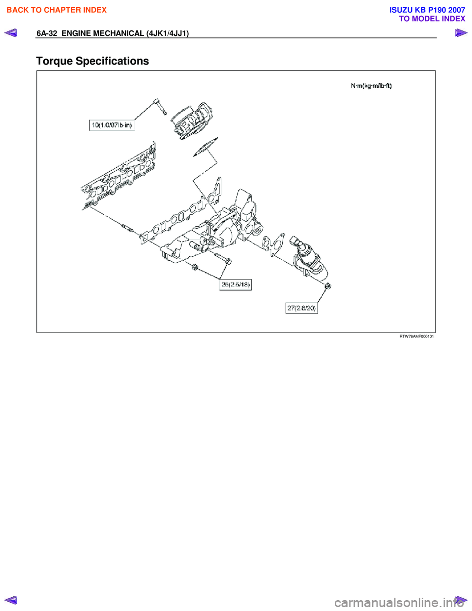 ISUZU KB P190 2007 Workshop Repair Manual 6A-32 ENGINE MECHANICAL (4JK1/4JJ1)
Torque Specifications
RTW 76AMF000101
BACK TO CHAPTER INDEX
TO MODEL INDEX
ISUZU KB P190 2007 ISUZU KB P190 2007 Workshop Repair Manual 6A-32 ENGINE MECHANICAL (4JK1/4JJ1)
Torque Specifications
RTW 76AMF000101
BACK TO CHAPTER INDEX
TO MODEL INDEX
ISUZU KB P190 2007