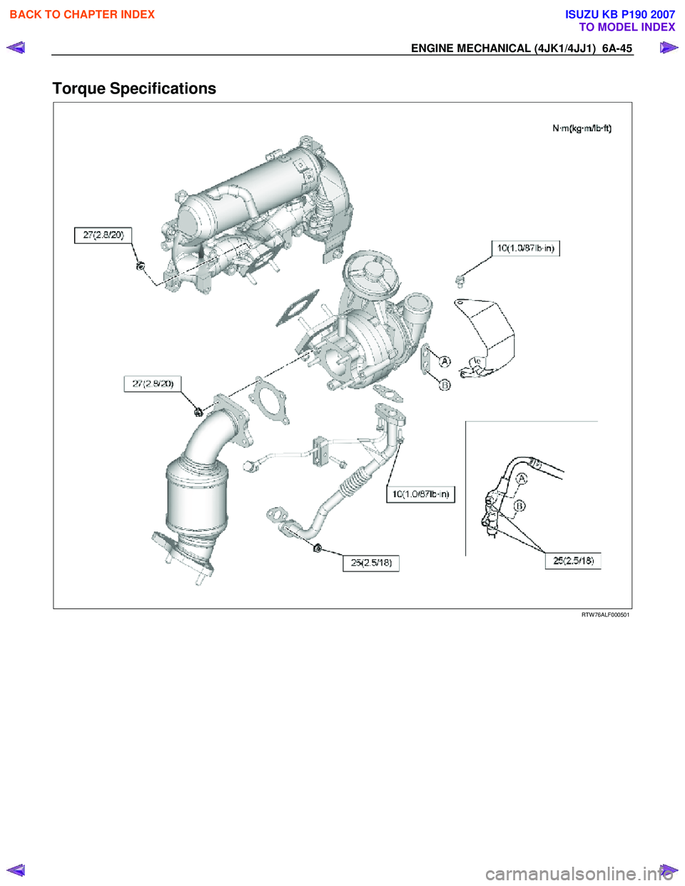 ISUZU KB P190 2007 Workshop Repair Manual ENGINE MECHANICAL (4JK1/4JJ1) 6A-45
Torque Specifications
RTW 76ALF000501
BACK TO CHAPTER INDEX
TO MODEL INDEX
ISUZU KB P190 2007 ISUZU KB P190 2007 Workshop Repair Manual ENGINE MECHANICAL (4JK1/4JJ1) 6A-45
Torque Specifications
RTW 76ALF000501
BACK TO CHAPTER INDEX
TO MODEL INDEX
ISUZU KB P190 2007