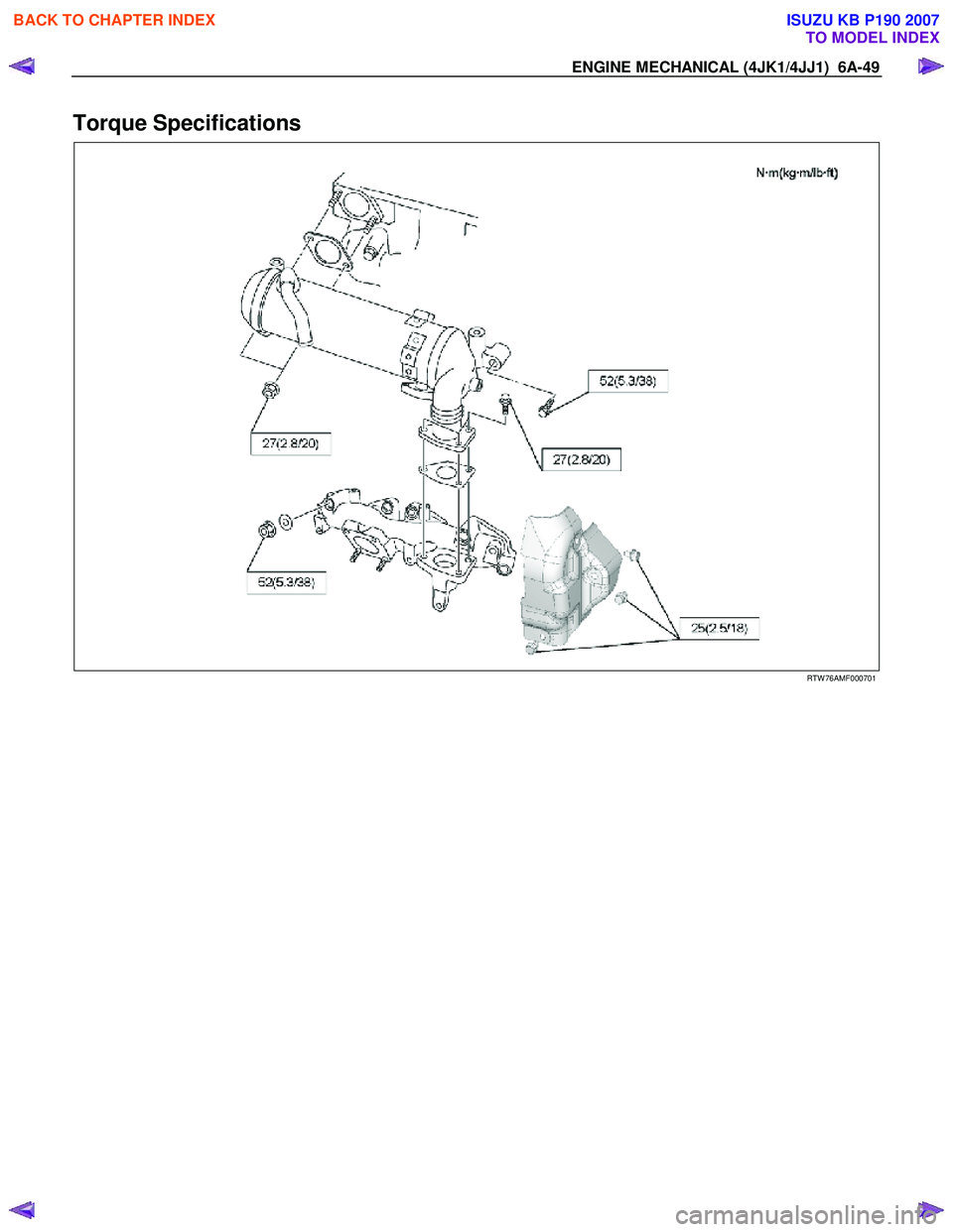 ISUZU KB P190 2007 Workshop Repair Manual ENGINE MECHANICAL (4JK1/4JJ1) 6A-49
Torque Specifications
RTW 76AMF000701
BACK TO CHAPTER INDEX
TO MODEL INDEX
ISUZU KB P190 2007 ISUZU KB P190 2007 Workshop Repair Manual ENGINE MECHANICAL (4JK1/4JJ1) 6A-49
Torque Specifications
RTW 76AMF000701
BACK TO CHAPTER INDEX
TO MODEL INDEX
ISUZU KB P190 2007