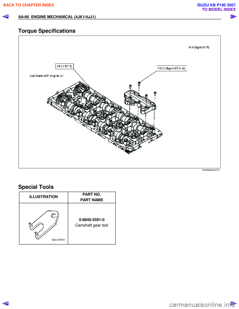 ISUZU KB P190 2007 Workshop Repair Manual 6A-66 ENGINE MECHANICAL (4JK1/4JJ1)
Torque Specifications
RTW 56AMF001701
Special Tools
ILLUSTRATION PART NO.
PART NAME
5-8840-2591-0
Camshaft gear tool
BAC ISUZU KB P190 2007 Workshop Repair Manual 6A-66 ENGINE MECHANICAL (4JK1/4JJ1)
Torque Specifications
RTW 56AMF001701
Special Tools
ILLUSTRATION PART NO.
PART NAME
5-8840-2591-0
Camshaft gear tool
BAC