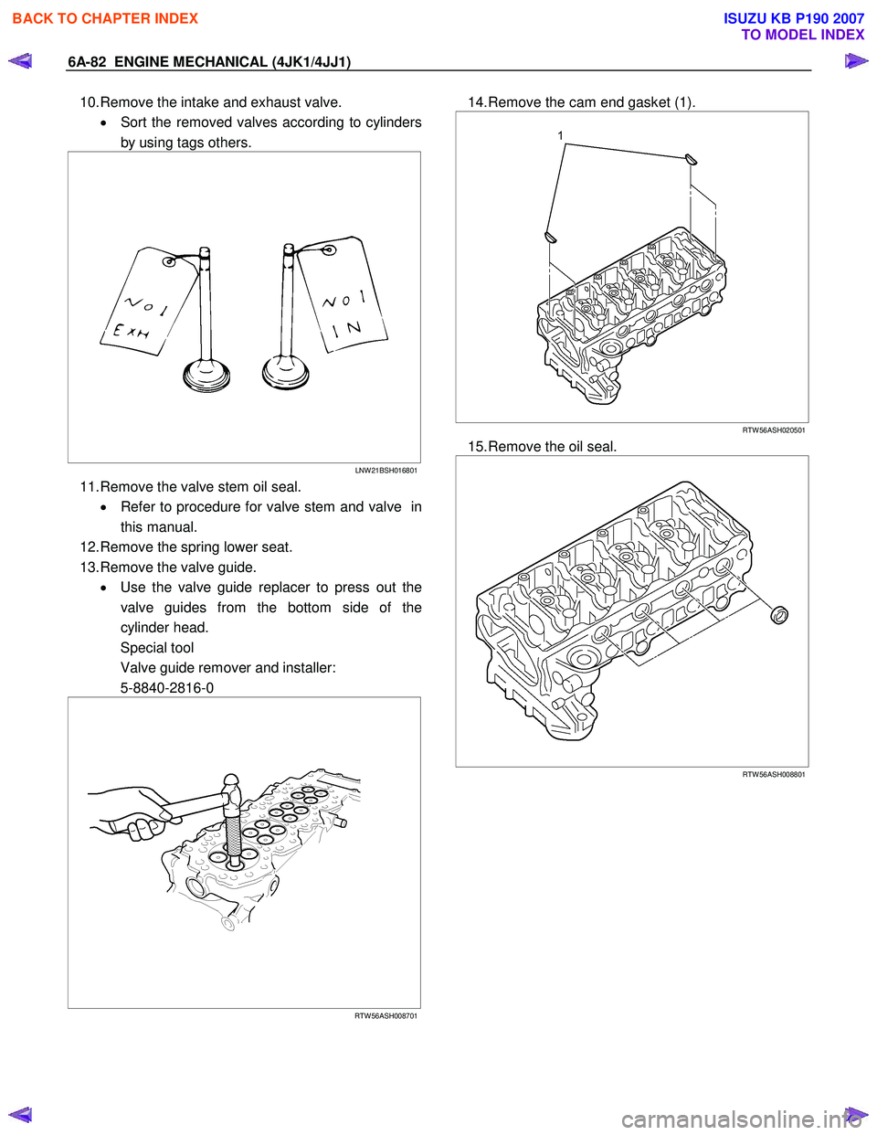 ISUZU KB P190 2007 Workshop Repair Manual 6A-82 ENGINE MECHANICAL (4JK1/4JJ1)
10. Remove the intake and exhaust valve.
• Sort the removed valves according to cylinders
by using tags others.
LNW 21BSH016801
11. Remove the ISUZU KB P190 2007 Workshop Repair Manual 6A-82 ENGINE MECHANICAL (4JK1/4JJ1)
10. Remove the intake and exhaust valve.
• Sort the removed valves according to cylinders
by using tags others.
LNW 21BSH016801
11. Remove the