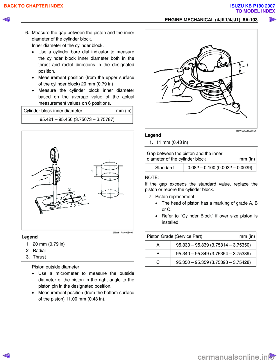ISUZU KB P190 2007 Workshop Repair Manual ENGINE MECHANICAL (4JK1/4JJ1) 6A-103
6. Measure the gap between the piston and the inner
diameter of the cylinder block.
Inner diameter of the cylinder block. • Use a cylinder bore dial indi ISUZU KB P190 2007 Workshop Repair Manual ENGINE MECHANICAL (4JK1/4JJ1) 6A-103
6. Measure the gap between the piston and the inner
diameter of the cylinder block.
Inner diameter of the cylinder block. • Use a cylinder bore dial indi