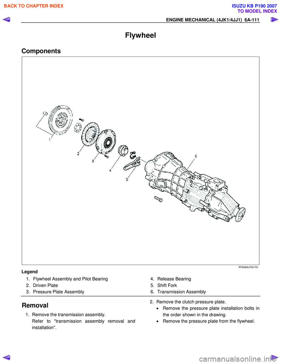 ISUZU KB P190 2007 Workshop Repair Manual ENGINE MECHANICAL (4JK1/4JJ1) 6A-111
Flywheel
Components
RTW 56ALF001701
Legend 1. Flywheel Assembly and Pilot Bearing
2. Driven Plate
3. Pressure Plate Assembly ISUZU KB P190 2007 Workshop Repair Manual ENGINE MECHANICAL (4JK1/4JJ1) 6A-111
Flywheel
Components
RTW 56ALF001701
Legend 1. Flywheel Assembly and Pilot Bearing
2. Driven Plate
3. Pressure Plate Assembly