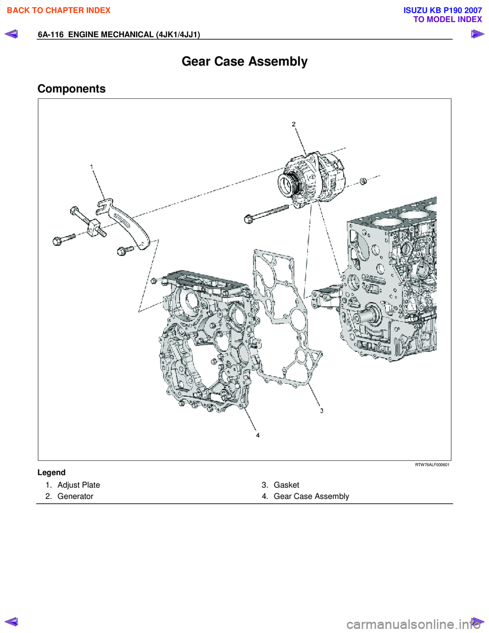 ISUZU KB P190 2007 Workshop Repair Manual 6A-116 ENGINE MECHANICAL (4JK1/4JJ1)
Gear Case Assembly
Components
RTW 76ALF000601
Legend 1. Adjust Plate
2. Generator 3. Gasket
4. Gear Case Assembly
BACK TO CHAP ISUZU KB P190 2007 Workshop Repair Manual 6A-116 ENGINE MECHANICAL (4JK1/4JJ1)
Gear Case Assembly
Components
RTW 76ALF000601
Legend 1. Adjust Plate
2. Generator 3. Gasket
4. Gear Case Assembly
BACK TO CHAP