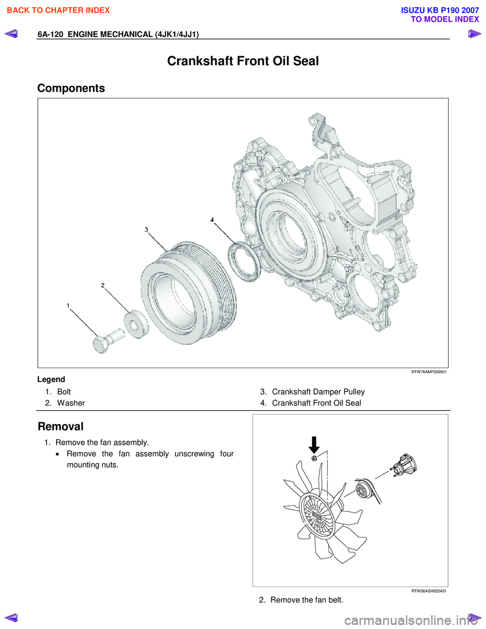 ISUZU KB P190 2007 Workshop Repair Manual 6A-120 ENGINE MECHANICAL (4JK1/4JJ1)
Crankshaft Front Oil Seal
Components
RTW 76AMF000501
Legend 1. Bolt
2. W asher 3. Crankshaft Damper Pulley
4. Crankshaft Front Oil Seal
ISUZU KB P190 2007 Workshop Repair Manual 6A-120 ENGINE MECHANICAL (4JK1/4JJ1)
Crankshaft Front Oil Seal
Components
RTW 76AMF000501
Legend 1. Bolt
2. W asher 3. Crankshaft Damper Pulley
4. Crankshaft Front Oil Seal