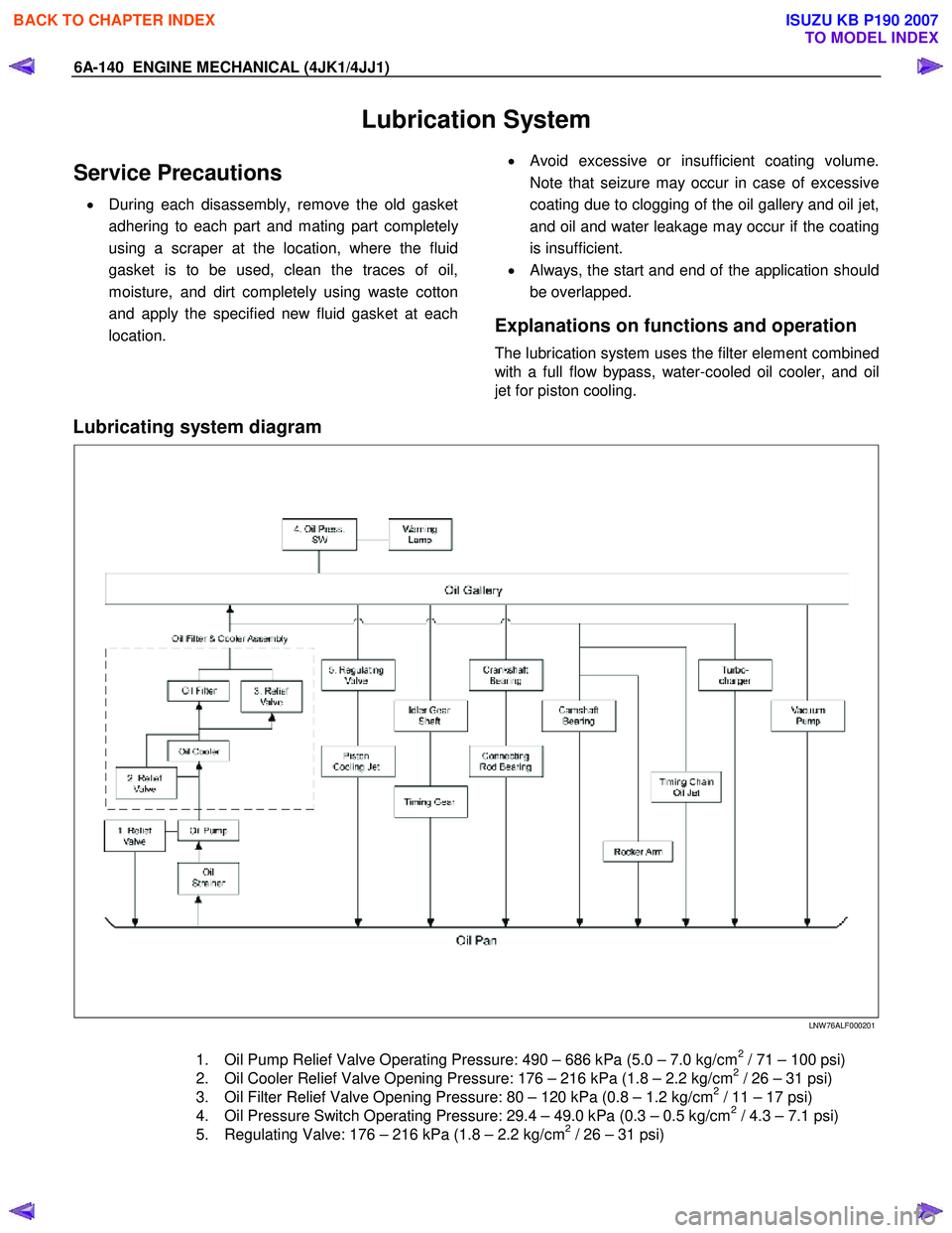 ISUZU KB P190 2007 Workshop User Guide 6A-140 ENGINE MECHANICAL (4JK1/4JJ1)
Lubrication System
Service Precautions
• During each disassembly, remove the old gasket
adhering to each part and mating part completel
y
using a scraper a ISUZU KB P190 2007 Workshop User Guide 6A-140 ENGINE MECHANICAL (4JK1/4JJ1)
Lubrication System
Service Precautions
• During each disassembly, remove the old gasket
adhering to each part and mating part completel
y
using a scraper a