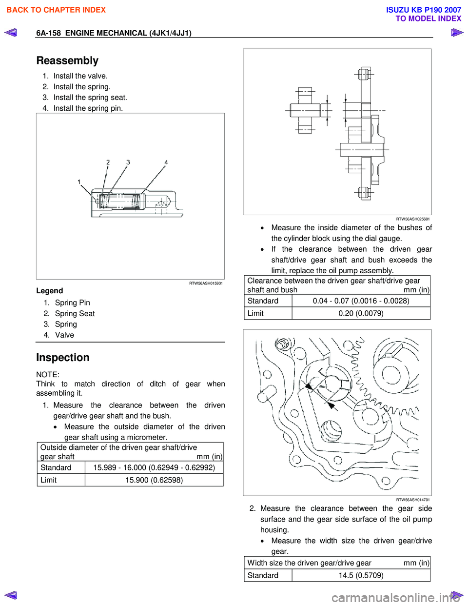 ISUZU KB P190 2007 Workshop Repair Manual 6A-158 ENGINE MECHANICAL (4JK1/4JJ1)
Reassembly
1. Install the valve.
2. Install the spring.
3. Install the spring seat.
4. Install the spring pin.
RTW 56ASH015901
Legend ISUZU KB P190 2007 Workshop Repair Manual 6A-158 ENGINE MECHANICAL (4JK1/4JJ1)
Reassembly
1. Install the valve.
2. Install the spring.
3. Install the spring seat.
4. Install the spring pin.
RTW 56ASH015901
Legend