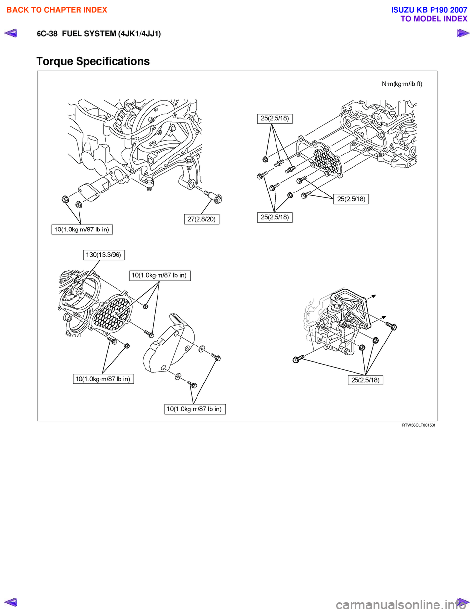 ISUZU KB P190 2007 Workshop Repair Manual 6C-38 FUEL SYSTEM (4JK1/4JJ1)
Torque Specifications
RTW 56CLF001501
BACK TO CHAPTER INDEX
TO MODEL INDEX
ISUZU KB P190 2007 ISUZU KB P190 2007 Workshop Repair Manual 6C-38 FUEL SYSTEM (4JK1/4JJ1)
Torque Specifications
RTW 56CLF001501
BACK TO CHAPTER INDEX
TO MODEL INDEX
ISUZU KB P190 2007