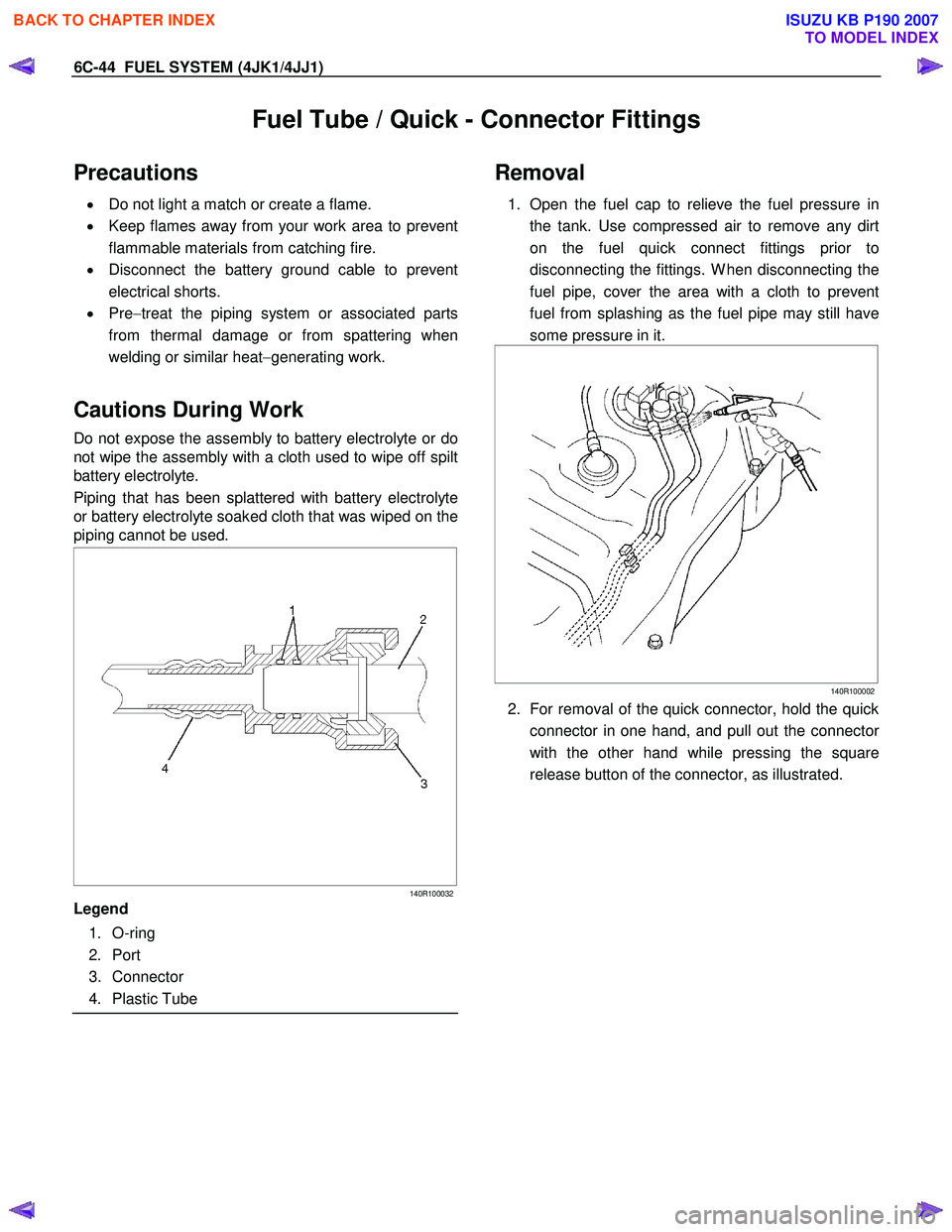 ISUZU KB P190 2007  Workshop Repair Manual 6C-44  FUEL SYSTEM (4JK1/4JJ1) 
Fuel Tube / Quick - Connector Fittings 
Precautions 
•  Do not light a match or create a flame.  
•   Keep flames away from your work area to prevent
flammable mate
