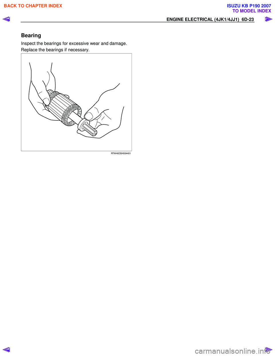ISUZU KB P190 2007  Workshop Repair Manual ENGINE ELECTRICAL (4JK1/4JJ1)  6D-23 
Bearing 
Inspect the bearings for excessive wear and damage.  
Replace the bearings if necessary.  
 
    
 
 
 
RTW 46DSH004401
  
 
BACK TO CHAPTER INDEX
TO MOD