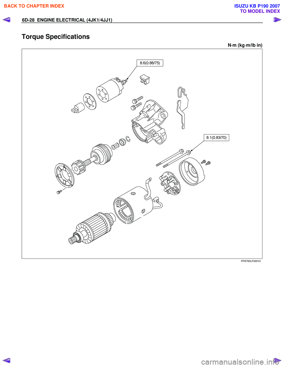 ISUZU KB P190 2007  Workshop Repair Manual 6D-28  ENGINE ELECTRICAL (4JK1/4JJ1) 
Torque Specifications 
N⋅
⋅⋅ 
⋅
m (kg ⋅
⋅⋅
⋅
m/lb in) 
    
 
 
 
RTW 76DLF000101 
 
 
BACK TO CHAPTER INDEX
TO MODEL INDEX
ISUZU KB P190 2007 