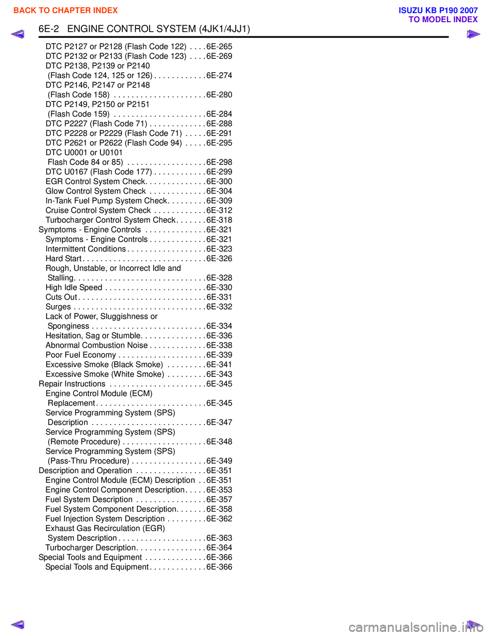 ISUZU KB P190 2007  Workshop Repair Manual 6E-2   ENGINE CONTROL SYSTEM (4JK1/4JJ1)
DTC P2127 or P2128 (Flash Code 122)  . . . . 6E-265 
DTC P2132 or P2133 (Flash Code 123)  . . . . 6E-269
DTC P2138, P2139 or P2140  (Flash Code 124, 125 or 126