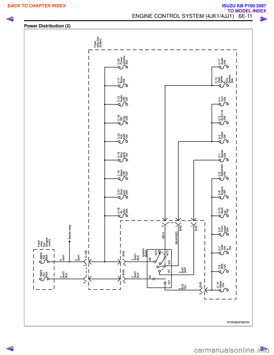 ISUZU KB P190 2007  Workshop Repair Manual ENGINE CONTROL SYSTEM (4JK1/4JJ1)   6E-11
Power Distribution (2)
RTW76EXF003701
C-108
5 
WHT
3
WHT/
BLK
5
WHT
3
WHT/
BLK
3BLU
3BLK/RED
3
WHT/
BLK
3
BLK/
YEL 3
BLK/
WHT B-62
B-63
2
4
B-62 
B-63 