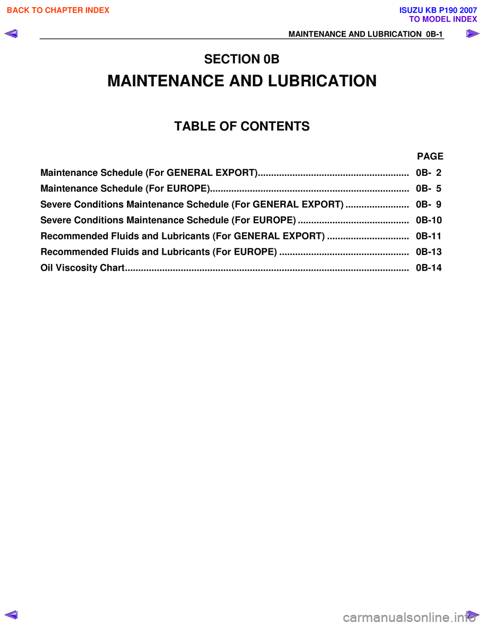 ISUZU KB P190 2007  Workshop Repair Manual MAINTENANCE AND LUBRICATION  0B-1 
SECTION 0B 
MAINTENANCE AND LUBRICATION 
TABLE OF CONTENTS 
 PAGE 
Maintenance Schedule (For GENERAL EXPORT).........................................................