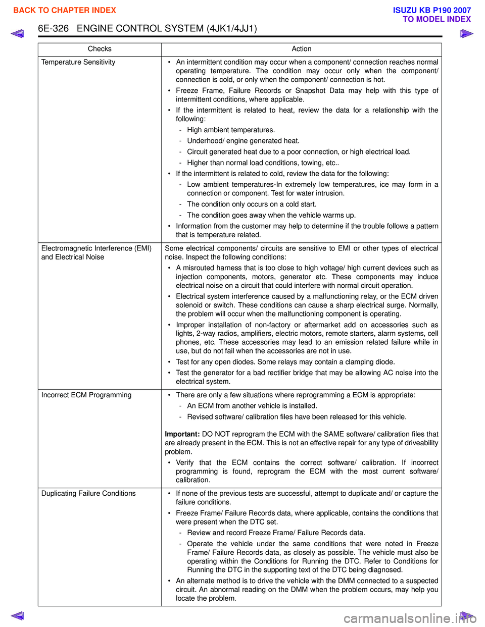 ISUZU KB P190 2007  Workshop Repair Manual 6E-326   ENGINE CONTROL SYSTEM (4JK1/4JJ1)
Temperature Sensitivity• An intermittent condition may occur when a component/ connection reaches normal
operating temperature. The condition may occur onl