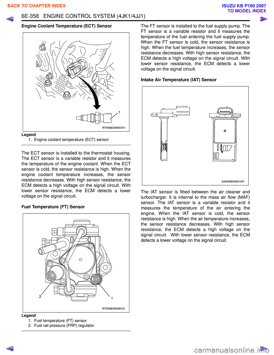 ISUZU KB P190 2007 Workshop Repair Manual 6E-358 ENGINE CONTROL SYSTEM (4JK1/4JJ1)
Engine Coolant Temperature (ECT) Sensor
Legend1. Engine coolant temperature (ECT) sensor
The ECT sensor is installed to the thermostat housing.
The ECT se ISUZU KB P190 2007 Workshop Repair Manual 6E-358 ENGINE CONTROL SYSTEM (4JK1/4JJ1)
Engine Coolant Temperature (ECT) Sensor
Legend1. Engine coolant temperature (ECT) sensor
The ECT sensor is installed to the thermostat housing.
The ECT se