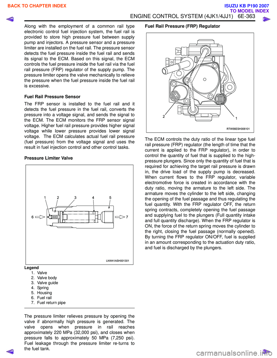 ISUZU KB P190 2007 Workshop Repair Manual ENGINE CONTROL SYSTEM (4JK1/4JJ1) 6E-363
Along with the employment of a common rail type
electronic control fuel injection system, the fuel rail is
provided to store high pressure fuel between supp ISUZU KB P190 2007 Workshop Repair Manual ENGINE CONTROL SYSTEM (4JK1/4JJ1) 6E-363
Along with the employment of a common rail type
electronic control fuel injection system, the fuel rail is
provided to store high pressure fuel between supp