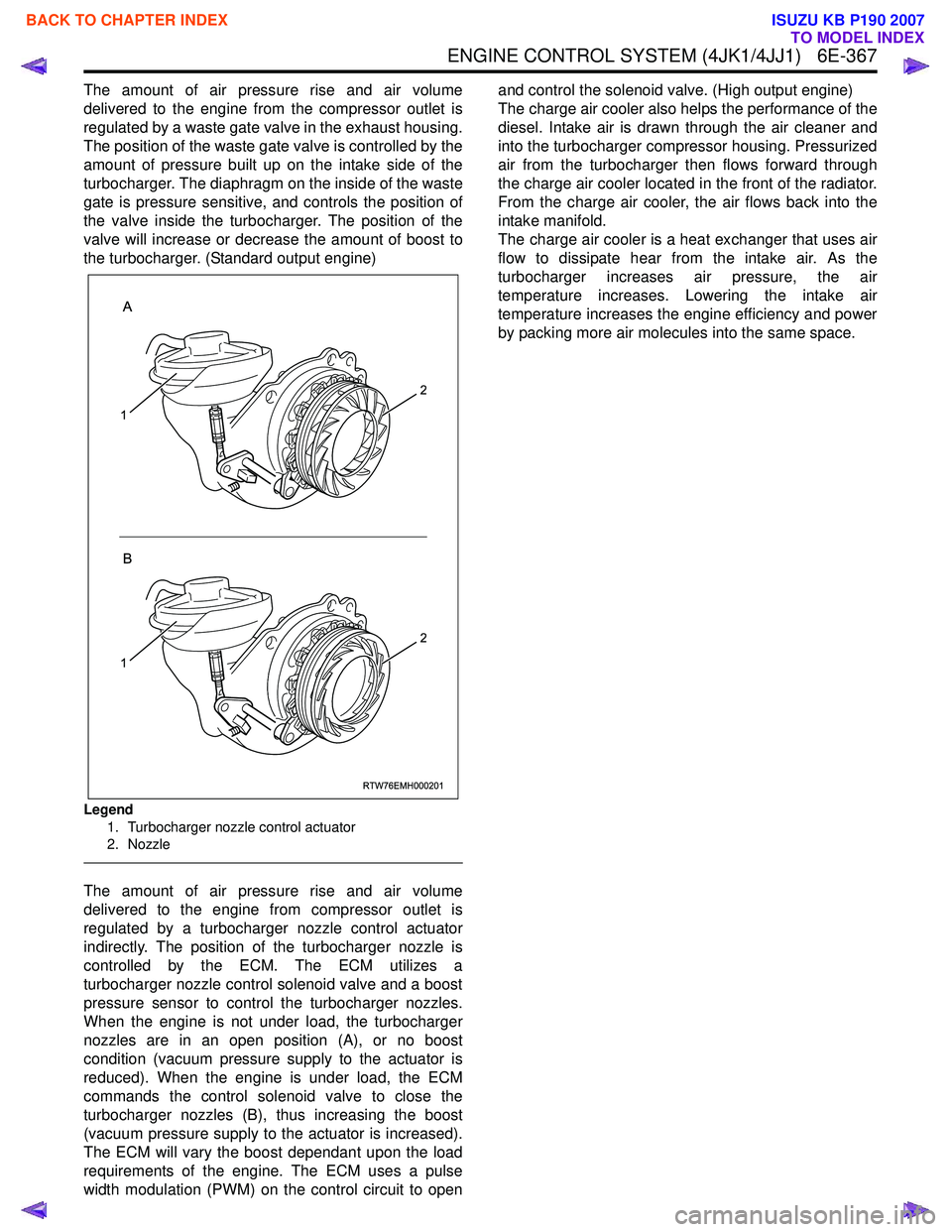 ISUZU KB P190 2007  Workshop Repair Manual ENGINE CONTROL SYSTEM (4JK1/4JJ1)   6E-367
The amount of air pressure rise and air volume 
delivered to the engine from the compressor outlet is
regulated by a waste gate valve in the exhaust housing.