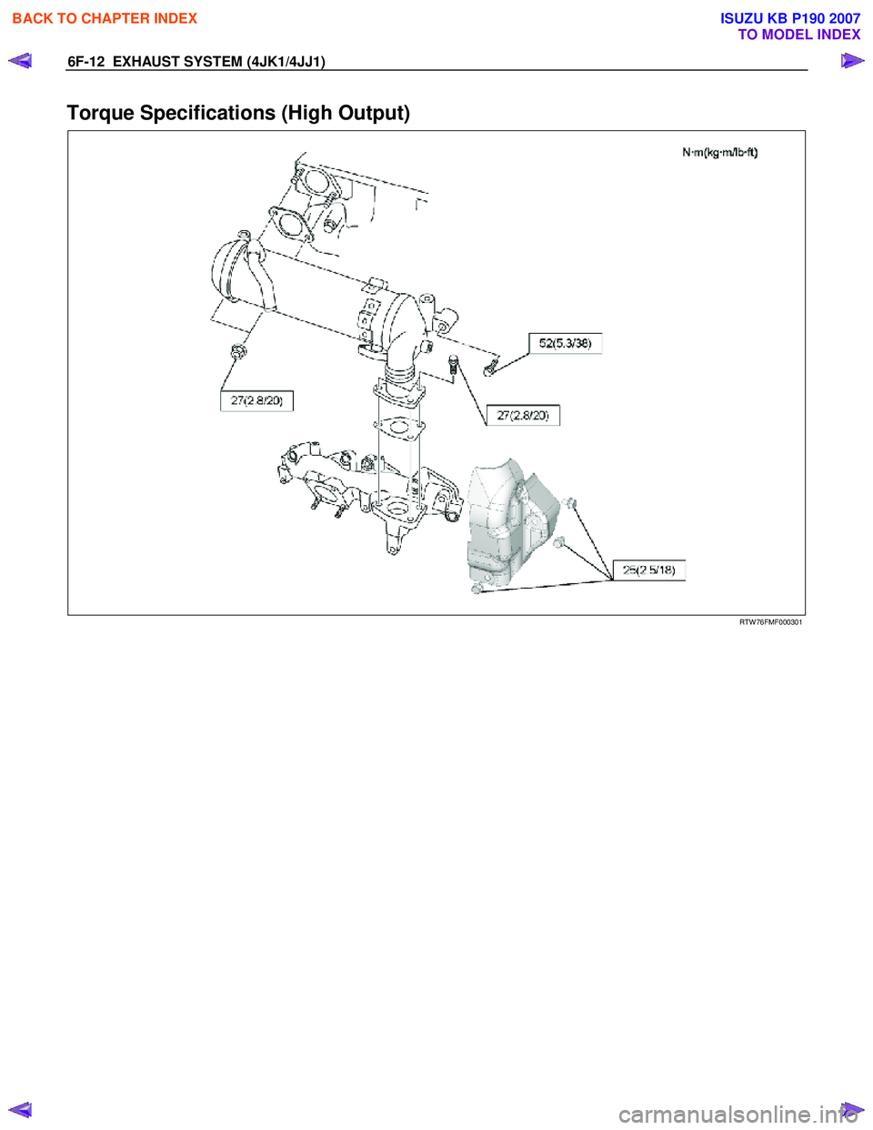 ISUZU KB P190 2007  Workshop Repair Manual 6F-12  EXHAUST SYSTEM (4JK1/4JJ1) 
Torque Specifications (High Output) 
  
 
 
RTW 76FMF000301 
 
 
BACK TO CHAPTER INDEX
TO MODEL INDEX
ISUZU KB P190 2007 