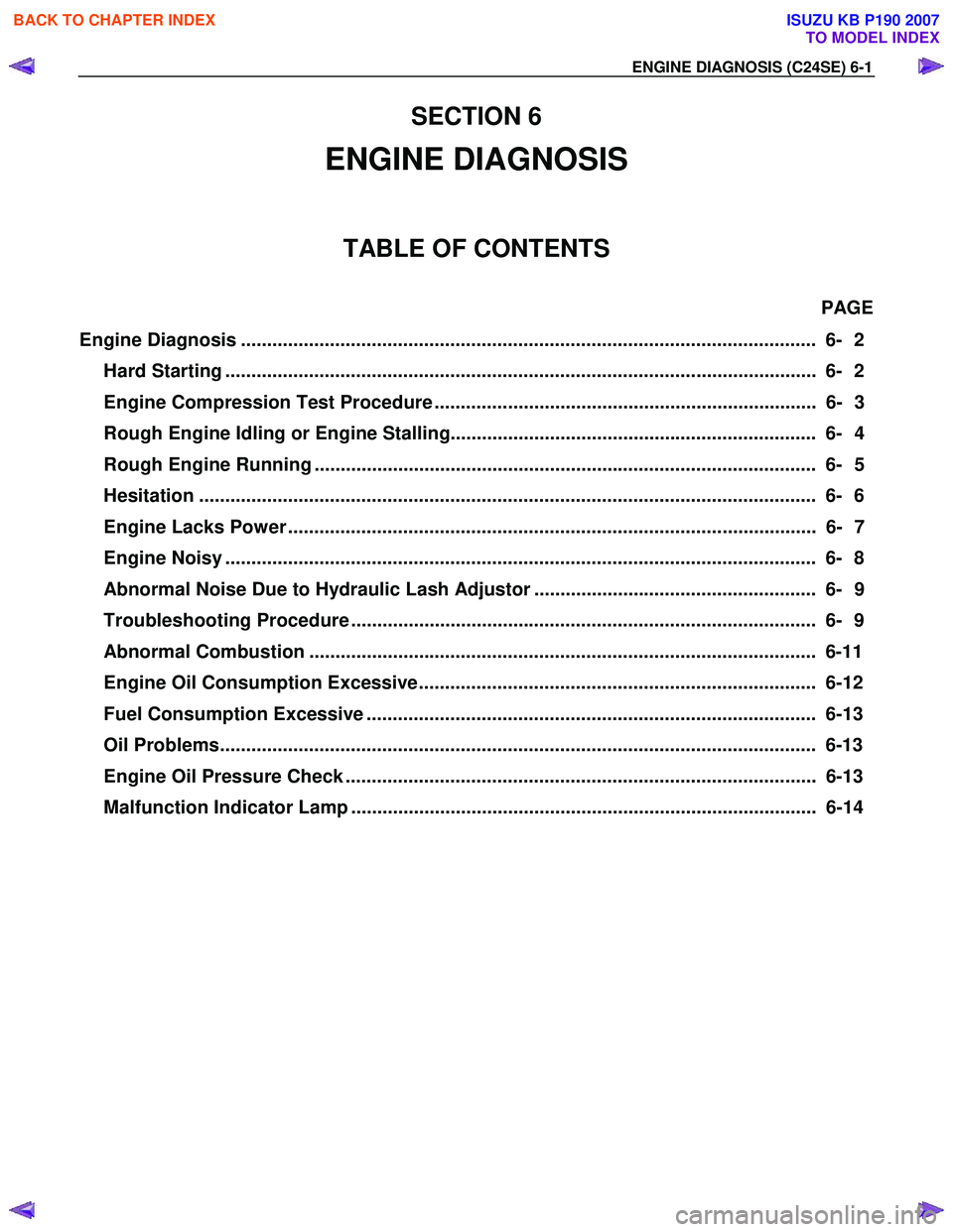 ISUZU KB P190 2007  Workshop User Guide ENGINE DIAGNOSIS (C24SE) 6-1 
SECTION 6 
ENGINE DIAGNOSIS 
TABLE OF CONTENTS 
PAGE 
Engine Diagnosis ...................................................................................................