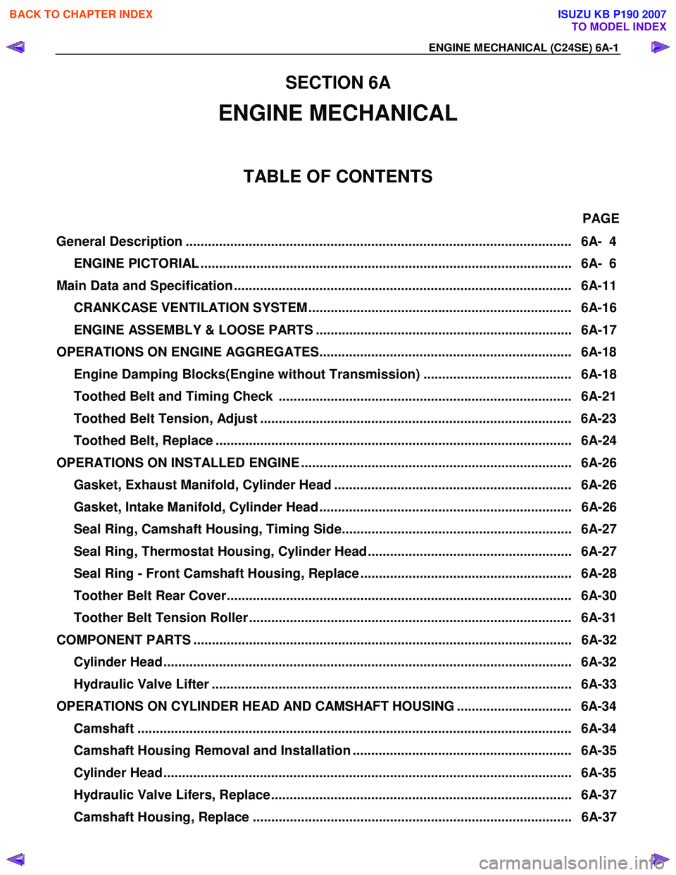 ISUZU KB P190 2007  Workshop Repair Manual ENGINE MECHANICAL (C24SE) 6A-1 
SECTION 6A 
ENGINE MECHANICAL 
TABLE OF CONTENTS 
PAGE 
General Description ............................................................................................