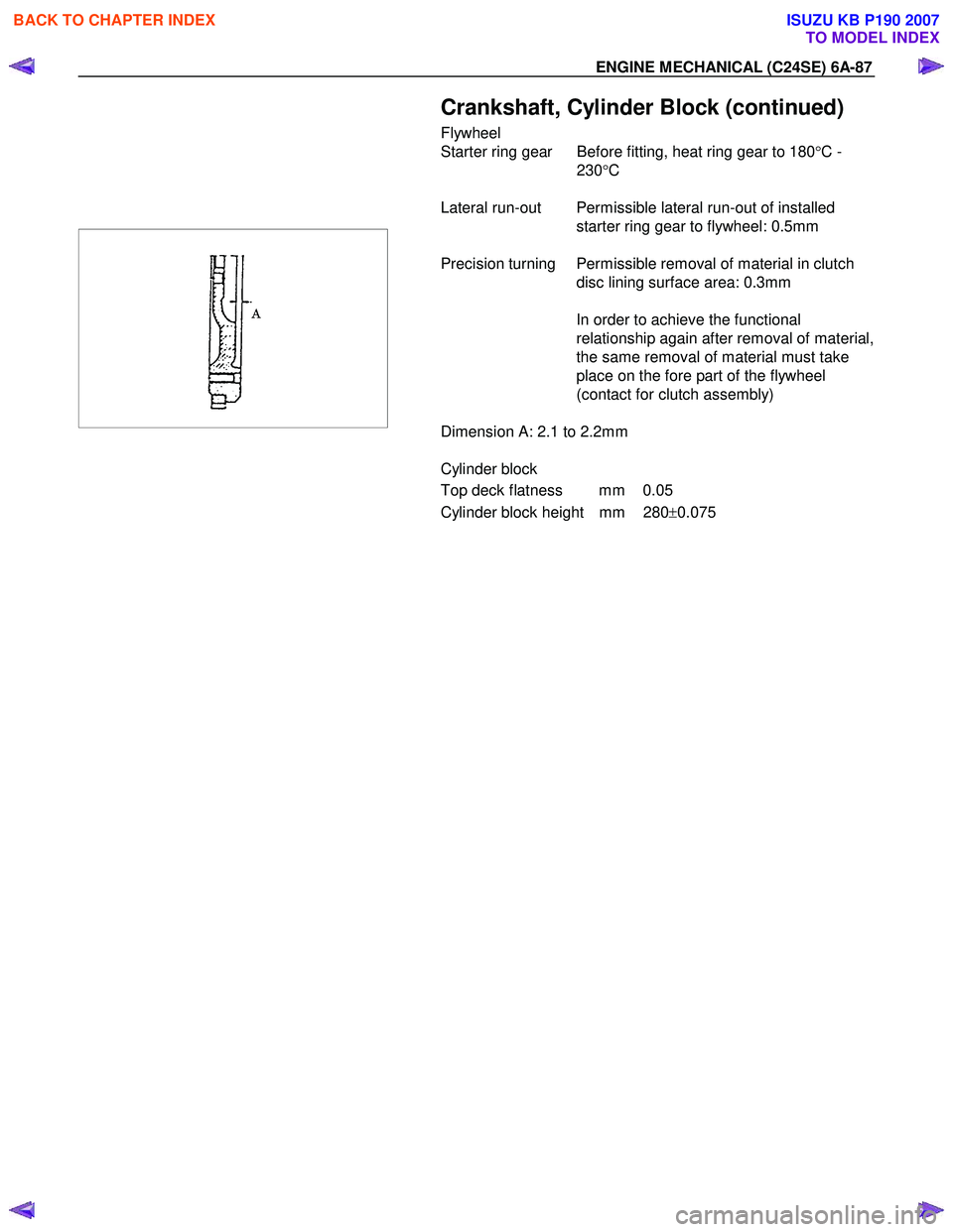 ISUZU KB P190 2007 Workshop Repair Manual ENGINE MECHANICAL (C24SE) 6A-87
Crankshaft, Cylinder Block (continued)
Flywheel
Starter ring gear Before fitting, heat ring gear to 180 °C -
230 °C
Lateral run-out Permissib ISUZU KB P190 2007 Workshop Repair Manual ENGINE MECHANICAL (C24SE) 6A-87
Crankshaft, Cylinder Block (continued)
Flywheel
Starter ring gear Before fitting, heat ring gear to 180 °C -
230 °C
Lateral run-out Permissib