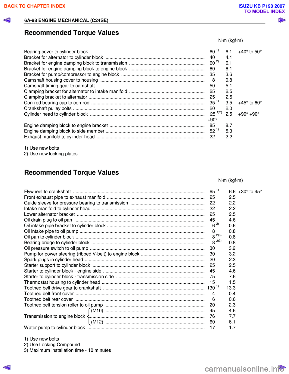ISUZU KB P190 2007 Workshop User Guide 6A-88 ENGINE MECHANICAL (C24SE)
Recommended Torque Values
N⋅m (kgf ⋅m)
Bearing cover to cylinder block ..................................................................................... ISUZU KB P190 2007 Workshop User Guide 6A-88 ENGINE MECHANICAL (C24SE)
Recommended Torque Values
N⋅m (kgf ⋅m)
Bearing cover to cylinder block .....................................................................................
