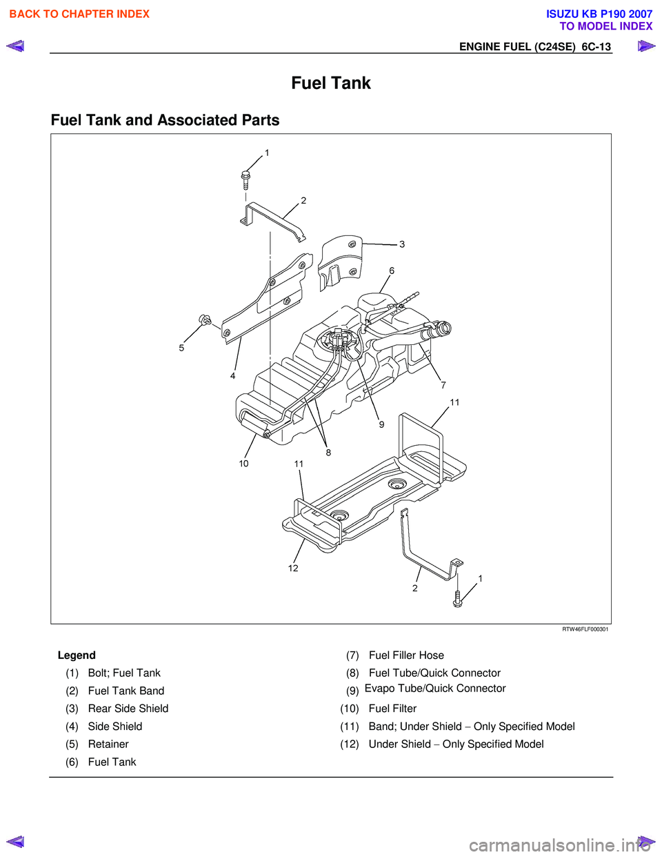 ISUZU KB P190 2007 Workshop Repair Manual ENGINE FUEL (C24SE) 6C-13
Fuel Tank
Fuel Tank and Associated Parts
RTW 46FLF000301
Legend (7) Fuel Filler Hose
(1) Bolt; Fuel Tank (8)Fuel Tube/Quick Connector
(2) Fuel Tank ISUZU KB P190 2007 Workshop Repair Manual ENGINE FUEL (C24SE) 6C-13
Fuel Tank
Fuel Tank and Associated Parts
RTW 46FLF000301
Legend (7) Fuel Filler Hose
(1) Bolt; Fuel Tank (8)Fuel Tube/Quick Connector
(2) Fuel Tank