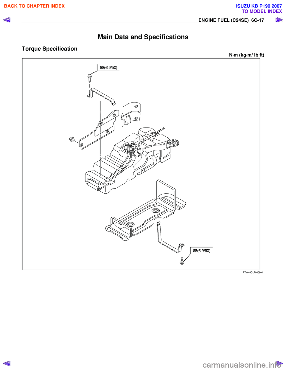 ISUZU KB P190 2007 Workshop Repair Manual ENGINE FUEL (C24SE) 6C-17
Main Data and Specifications
Torque Specification
N⋅
⋅⋅
⋅
m (kg ⋅
⋅⋅
⋅
m/ lb ft)
RTW 46CLF000601
BACK TO CHAPTER INDEX
TO MODEL INDEX
ISUZ ISUZU KB P190 2007 Workshop Repair Manual ENGINE FUEL (C24SE) 6C-17
Main Data and Specifications
Torque Specification
N⋅
⋅⋅
⋅
m (kg ⋅
⋅⋅
⋅
m/ lb ft)
RTW 46CLF000601
BACK TO CHAPTER INDEX
TO MODEL INDEX
ISUZ