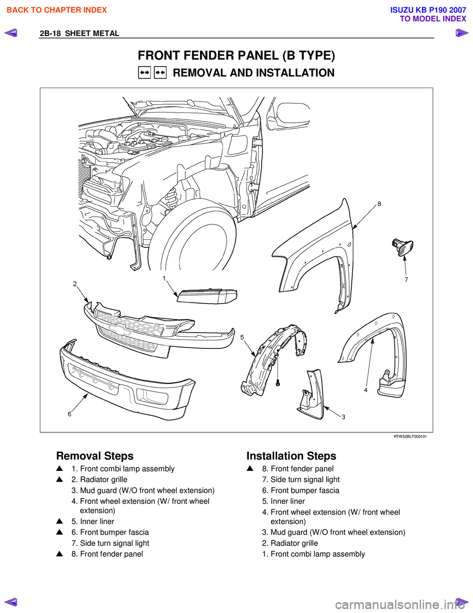 ISUZU KB P190 2007  Workshop User Guide 2B-18  SHEET METAL 
FRONT FENDER PANEL (B TYPE) 
   REMOVAL AND INSTALLATION 
  
 
 RTW 52BLF000101 
 
Removal Steps   Installation Steps 
 1. Front combi lamp assembly 
 2. Radiator grille  
  3. Mud