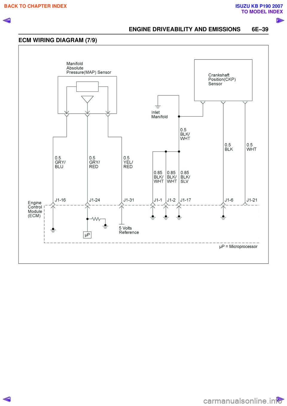 ISUZU KB P190 2007  Workshop Service Manual ENGINE DRIVEABILITY AND EMISSIONS 6E–39
ECM WIRING DIAGRAM (7/9)
 
BACK TO CHAPTER INDEX
TO MODEL INDEX
ISUZU KB P190 2007 