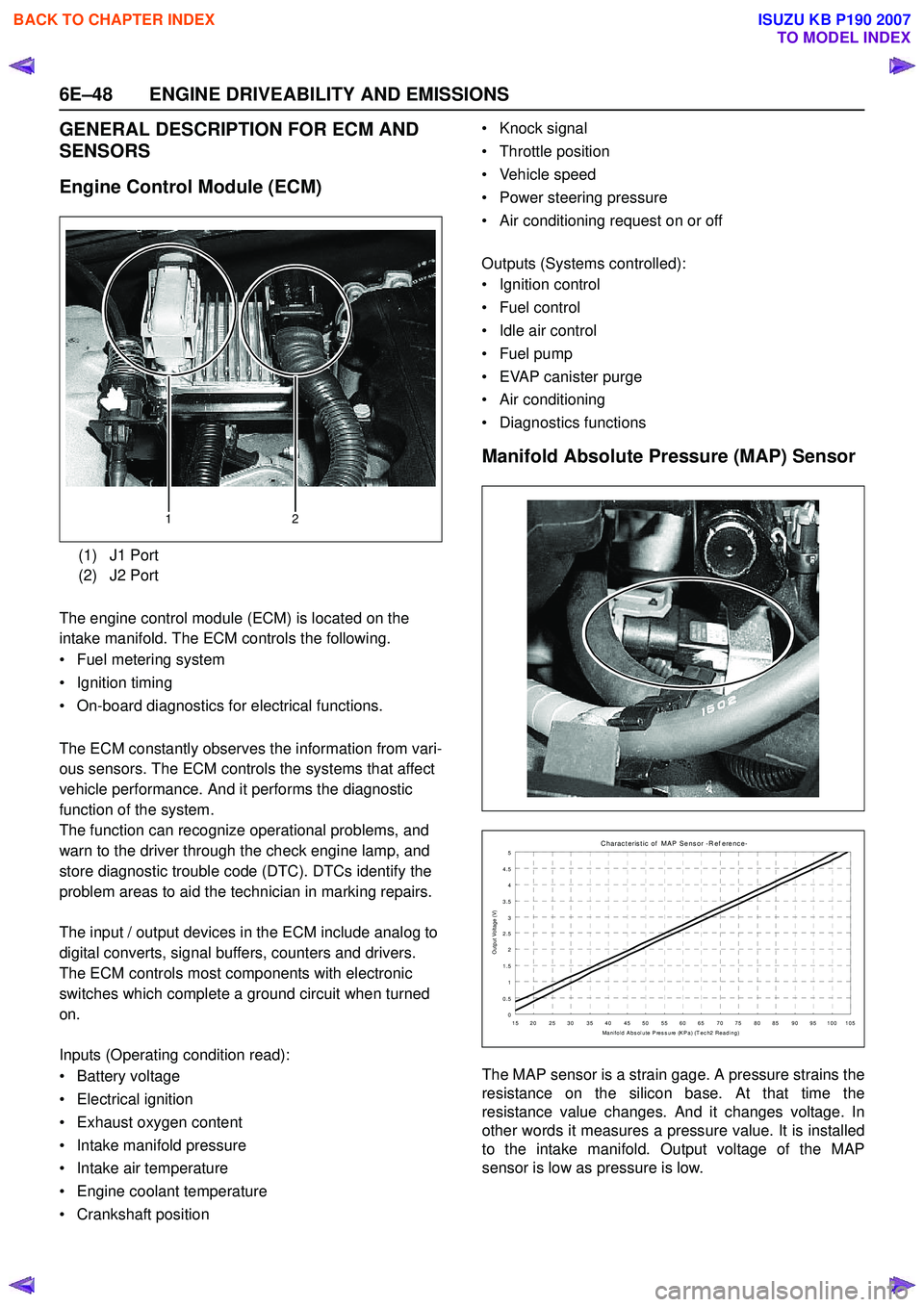 ISUZU KB P190 2007 Workshop Repair Manual 6E–48 ENGINE DRIVEABILITY AND EMISSIONS
GENERAL DESCRIPTION FOR ECM AND
SENSORS
Engine Control Module (ECM)
The engine control module (ECM) is located on the
intake manifold. The ECM controls t ISUZU KB P190 2007 Workshop Repair Manual 6E–48 ENGINE DRIVEABILITY AND EMISSIONS
GENERAL DESCRIPTION FOR ECM AND
SENSORS
Engine Control Module (ECM)
The engine control module (ECM) is located on the
intake manifold. The ECM controls t