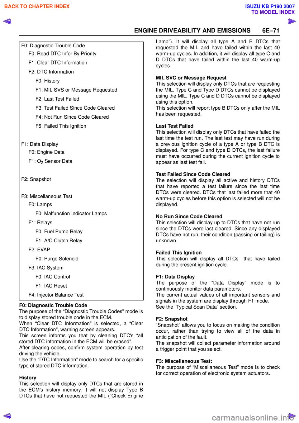 ISUZU KB P190 2007 Workshop Repair Manual ENGINE DRIVEABILITY AND EMISSIONS 6E–71
F0: Diagnostic Trouble Code
The purpose of the “Diagnostic Trouble Codes” mode is
to display stored trouble code in the ECM.
When “Clear DTC Informatio ISUZU KB P190 2007 Workshop Repair Manual ENGINE DRIVEABILITY AND EMISSIONS 6E–71
F0: Diagnostic Trouble Code
The purpose of the “Diagnostic Trouble Codes” mode is
to display stored trouble code in the ECM.
When “Clear DTC Informatio