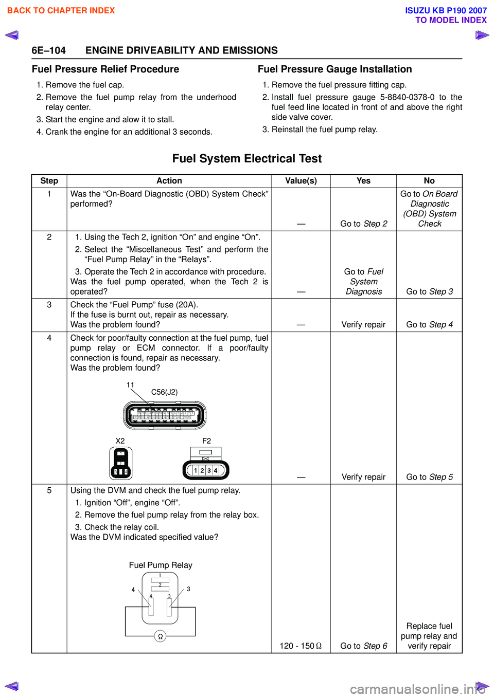 ISUZU KB P190 2007 Workshop Owners Manual 6E–104 ENGINE DRIVEABILITY AND EMISSIONS
Fuel Pressure Relief Procedure
1. Remove the fuel cap.
2. Remove the fuel pump relay from the underhood relay center.
3. Start the engine and alow it to sta ISUZU KB P190 2007 Workshop Owners Manual 6E–104 ENGINE DRIVEABILITY AND EMISSIONS
Fuel Pressure Relief Procedure
1. Remove the fuel cap.
2. Remove the fuel pump relay from the underhood relay center.
3. Start the engine and alow it to sta