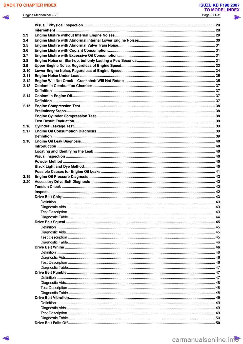 ISUZU KB P190 2007 Workshop Owners Guide Engine Mechanical – V6 Page 6A1–2
Visual / Physical Inspection ................................................................................................................................ 2 ISUZU KB P190 2007 Workshop Owners Guide Engine Mechanical – V6 Page 6A1–2
Visual / Physical Inspection ................................................................................................................................ 2