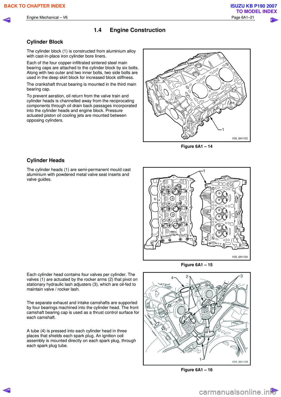 ISUZU KB P190 2007  Workshop Repair Manual Engine Mechanical – V6 Page 6A1–21 
 
1.4 Engine Construction 
Cylinder Block 
The cylinder block (1) is constructed from aluminium alloy  
with cast-in-place iron cylinder bore liners.   
Each of