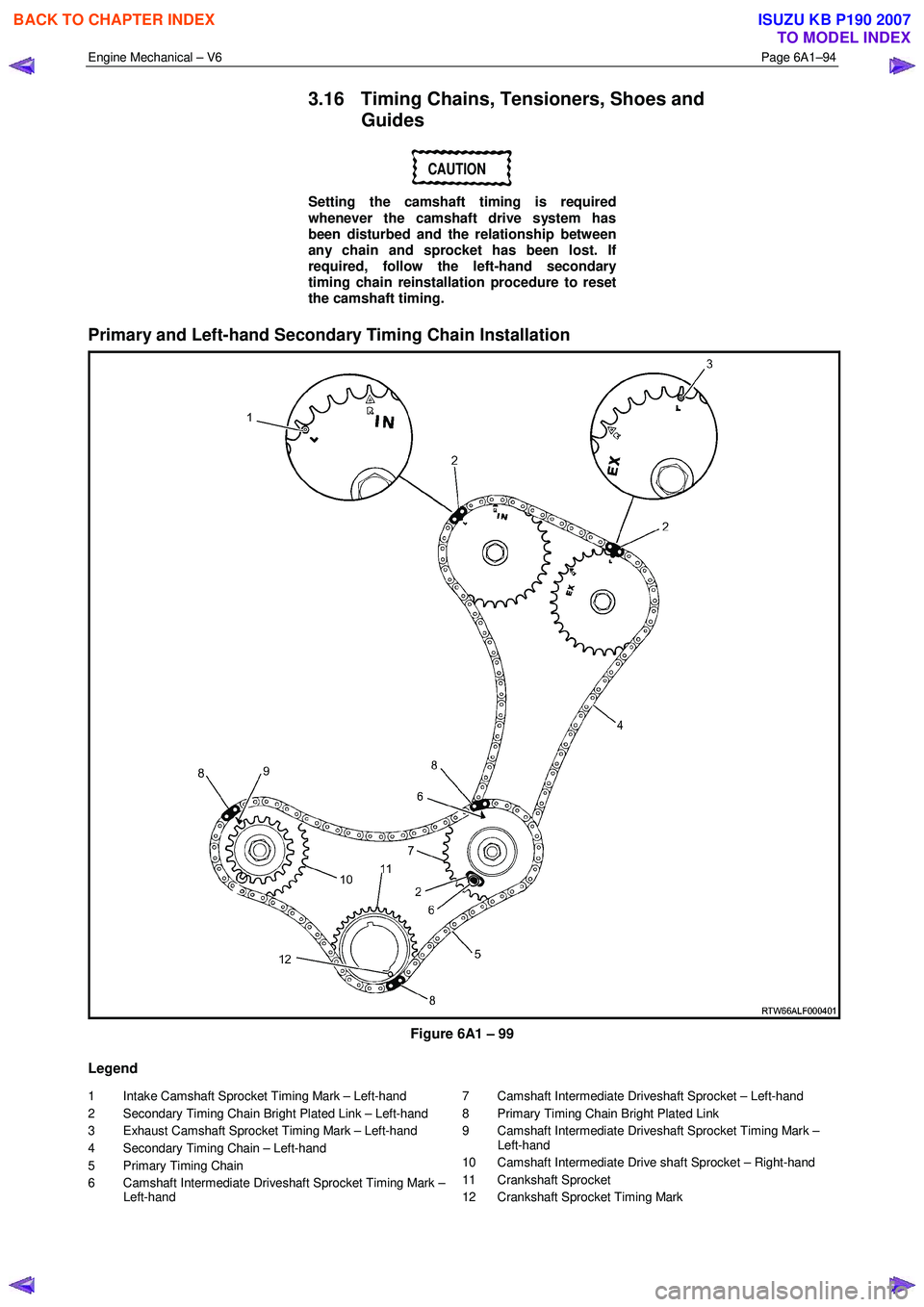 ISUZU KB P190 2007 Workshop Repair Manual Engine Mechanical – V6 Page 6A1–94
3.16 Timing Chains, Tensioners, Shoes and
Guides
CAUTION
Setting the camshaft timing is required
whenever the camshaft drive system has
been disturbed ISUZU KB P190 2007 Workshop Repair Manual Engine Mechanical – V6 Page 6A1–94
3.16 Timing Chains, Tensioners, Shoes and
Guides
CAUTION
Setting the camshaft timing is required
whenever the camshaft drive system has
been disturbed