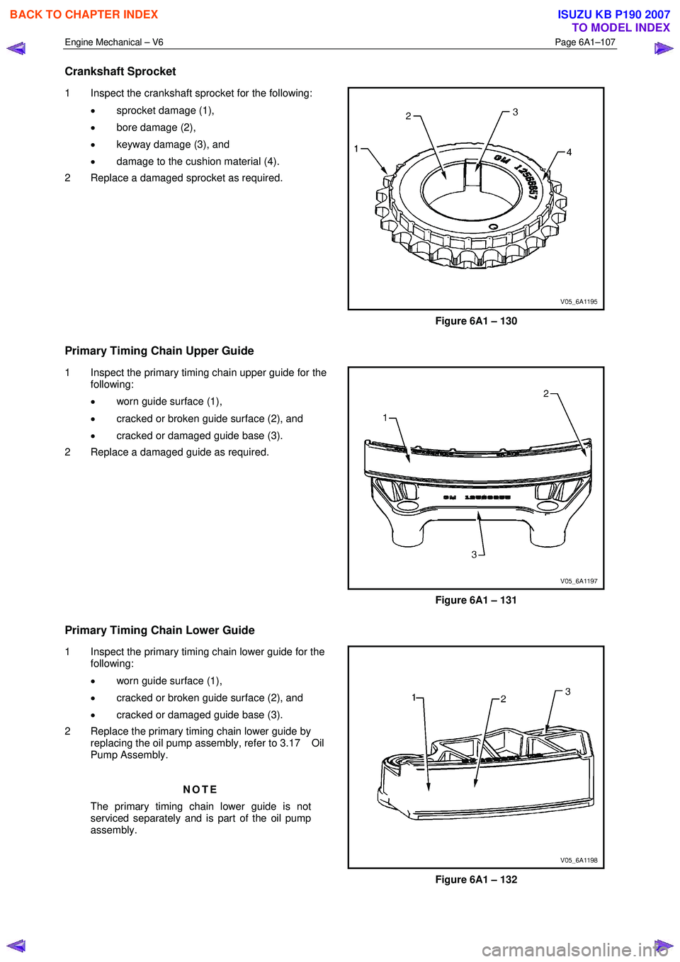 ISUZU KB P190 2007 Workshop Repair Manual Engine Mechanical – V6 Page 6A1–107
Crankshaft Sprocket
1 Inspect the crankshaft sprocket for the following:
• sprocket damage (1),
• bore damage (2),
• keyway damage (3), and
• ISUZU KB P190 2007 Workshop Repair Manual Engine Mechanical – V6 Page 6A1–107
Crankshaft Sprocket
1 Inspect the crankshaft sprocket for the following:
• sprocket damage (1),
• bore damage (2),
• keyway damage (3), and
•