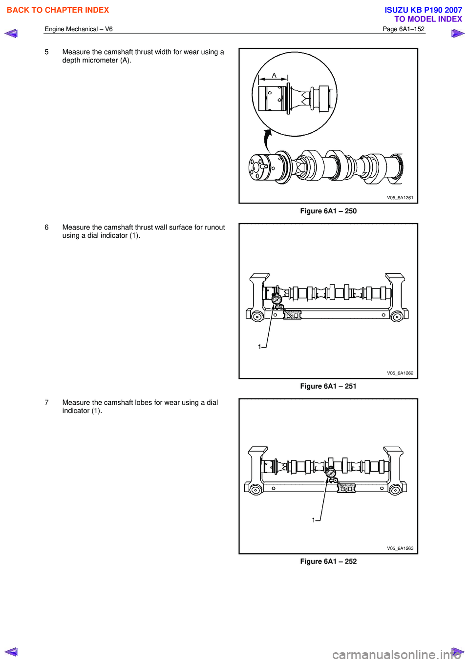 ISUZU KB P190 2007 Workshop Repair Manual Engine Mechanical – V6 Page 6A1–152
5 Measure the camshaft thrust width for wear using a
depth micrometer (A).
Figure 6A1 – 250
6 Measure the camshaft thrust wall surface for runout u ISUZU KB P190 2007 Workshop Repair Manual Engine Mechanical – V6 Page 6A1–152
5 Measure the camshaft thrust width for wear using a
depth micrometer (A).
Figure 6A1 – 250
6 Measure the camshaft thrust wall surface for runout u