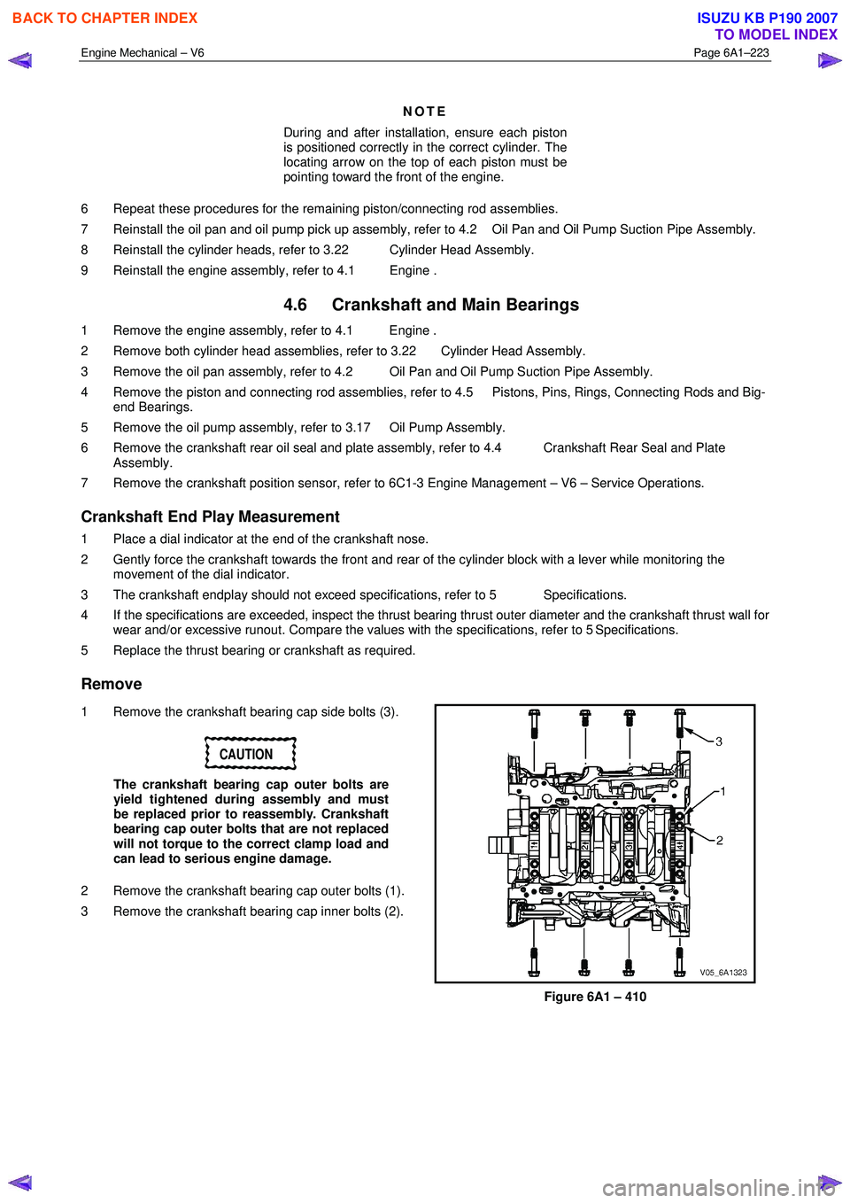 ISUZU KB P190 2007  Workshop Owners Manual Engine Mechanical – V6 Page 6A1–223 
 
 
NOTE 
During and after installation, ensure each piston  
is positioned correctly in the correct cylinder. The  
locating arrow on the top of each piston m