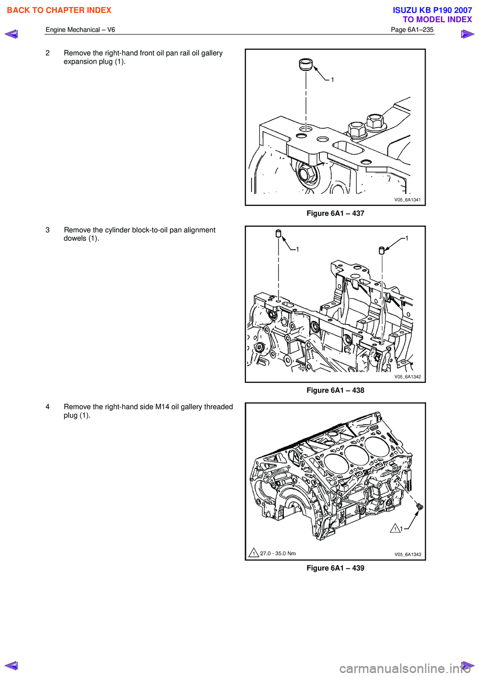 ISUZU KB P190 2007 Workshop Repair Manual Engine Mechanical – V6 Page 6A1–235
2 Remove the right-hand front oil pan rail oil gallery
expansion plug (1).
Figure 6A1 – 437
3 Remove the cylinder block-to-oil pan alignment dowels ISUZU KB P190 2007 Workshop Repair Manual Engine Mechanical – V6 Page 6A1–235
2 Remove the right-hand front oil pan rail oil gallery
expansion plug (1).
Figure 6A1 – 437
3 Remove the cylinder block-to-oil pan alignment dowels