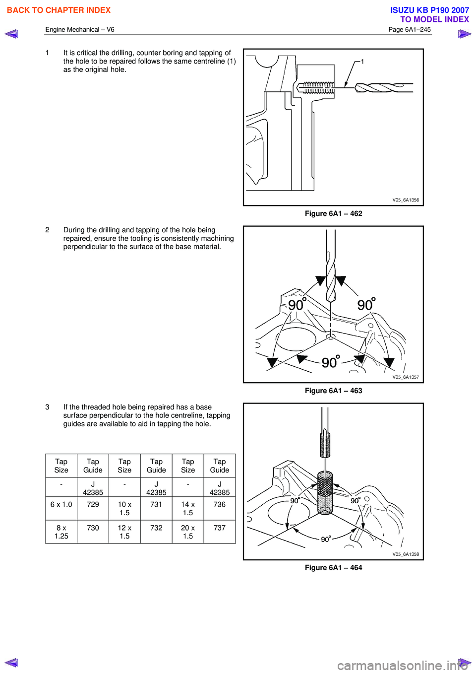 ISUZU KB P190 2007 Workshop Repair Manual Engine Mechanical – V6 Page 6A1–245
1 It is critical the drilling, counter boring and tapping of
the hole to be repaired follows the same centreline (1)
as the original hole.
Figure 6A1 †ISUZU KB P190 2007 Workshop Repair Manual Engine Mechanical – V6 Page 6A1–245
1 It is critical the drilling, counter boring and tapping of
the hole to be repaired follows the same centreline (1)
as the original hole.
Figure 6A1 â€