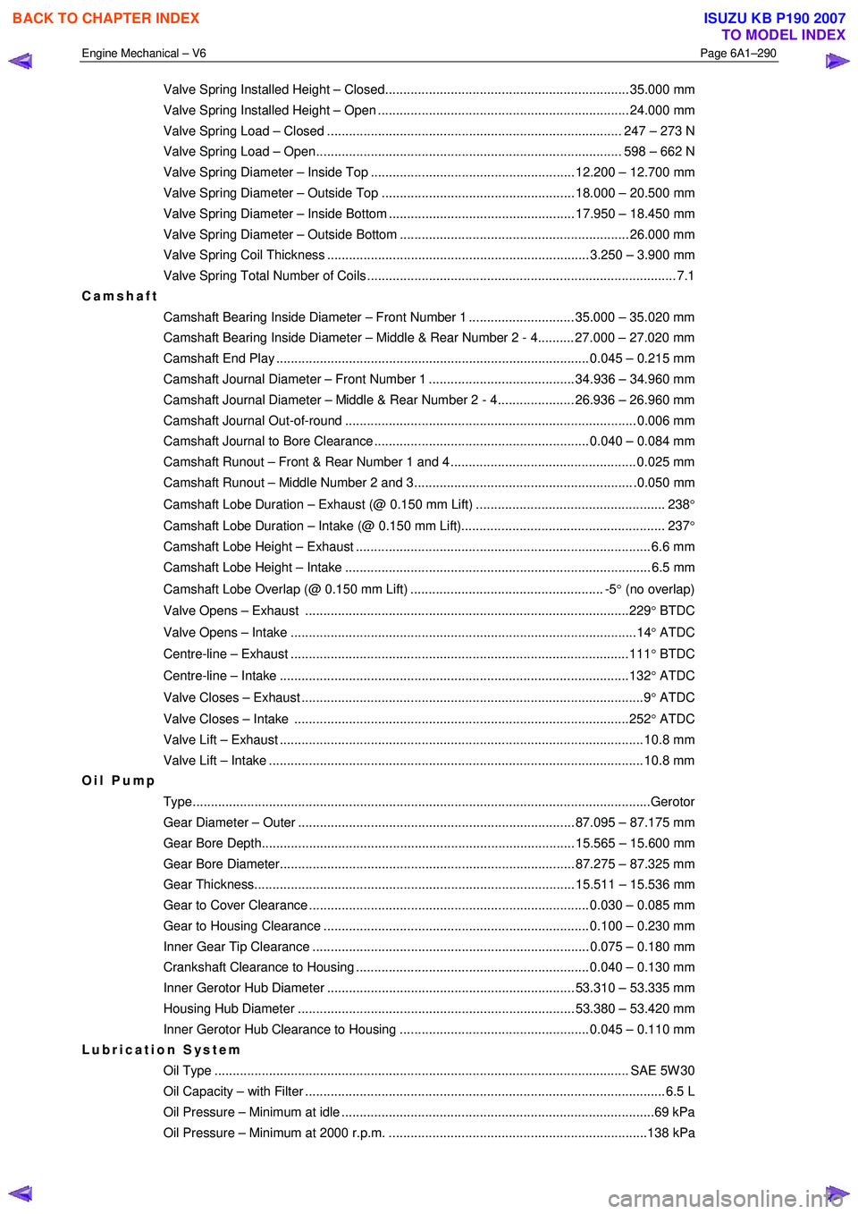 ISUZU KB P190 2007  Workshop Repair Manual Engine Mechanical – V6 Page 6A1–290 
 
Valve Spring Installed Height – Closed................................................................... 35.000 mm  
Valve Spring Installed Height – Ope