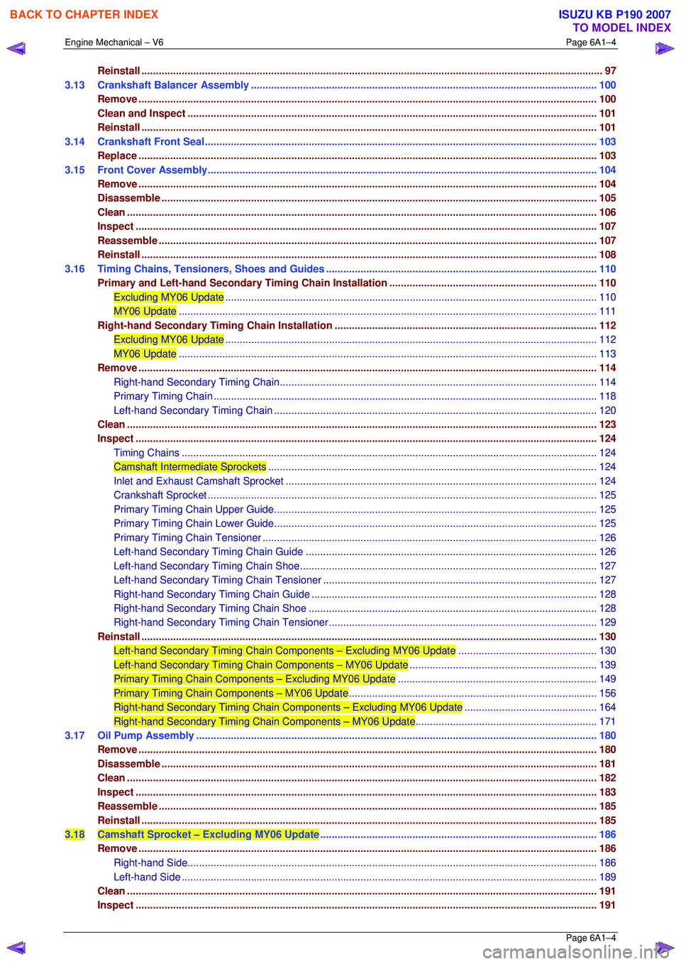 ISUZU KB P190 2007  Workshop Repair Manual Engine Mechanical – V6 Page 6A1–4 
 Page 6A1–4 
Reinstall ........................................................................................................................................