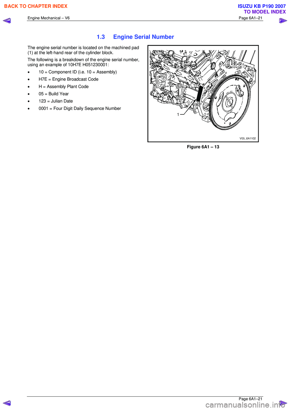 ISUZU KB P190 2007 Workshop Repair Manual Engine Mechanical – V6 Page 6A1–21
Page 6A1–21
1.3 Engine Serial Number
The engine serial number is located on the machined pad
(1) at the left-hand rear of the cylinder block.
The foll ISUZU KB P190 2007 Workshop Repair Manual Engine Mechanical – V6 Page 6A1–21
Page 6A1–21
1.3 Engine Serial Number
The engine serial number is located on the machined pad
(1) at the left-hand rear of the cylinder block.
The foll