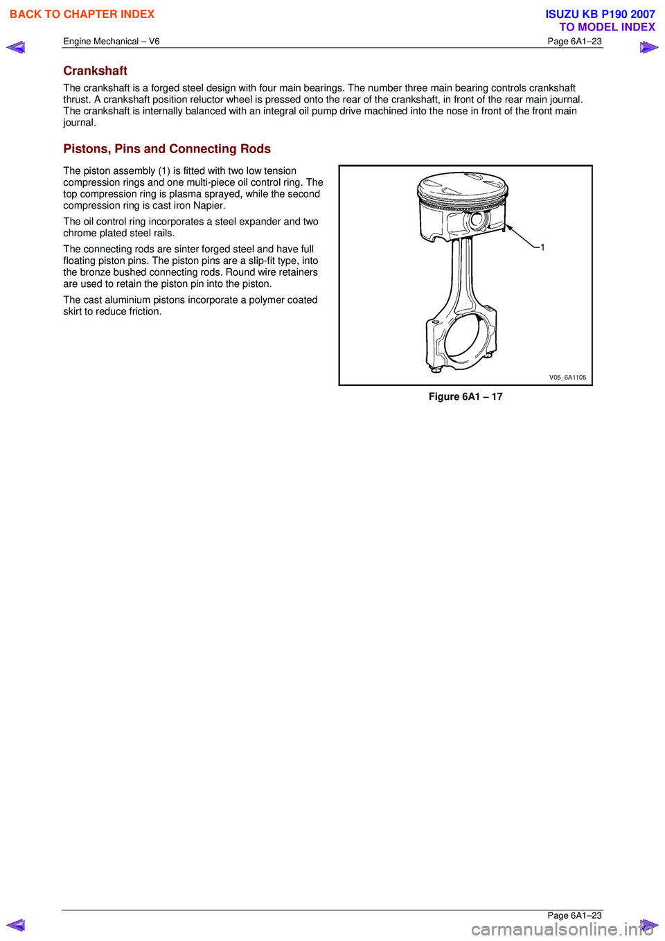 ISUZU KB P190 2007  Workshop Repair Manual Engine Mechanical – V6 Page 6A1–23 
 Page 6A1–23 
Crankshaft 
The crankshaft is a forged steel design with four main bearings. The number three main bearing controls crankshaft 
thrust. A cranks