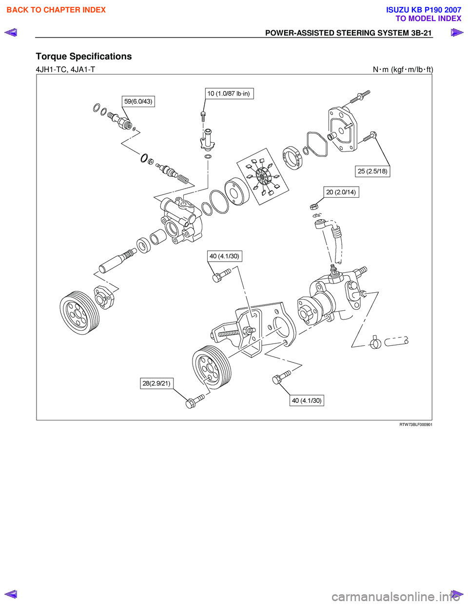 ISUZU KB P190 2007 Workshop Repair Manual POWER-ASSISTED STEERING SYSTEM 3B-21
Torque Specifications
4JH1-TC, 4JA1-T N・m (kgf ・m/Ib ・ft)
RTW 73BLF000901
BACK TO CHAPTER INDEX
TO MODEL INDEX
ISUZU KB P190 2007 ISUZU KB P190 2007 Workshop Repair Manual POWER-ASSISTED STEERING SYSTEM 3B-21
Torque Specifications
4JH1-TC, 4JA1-T N・m (kgf ・m/Ib ・ft)
RTW 73BLF000901
BACK TO CHAPTER INDEX
TO MODEL INDEX
ISUZU KB P190 2007