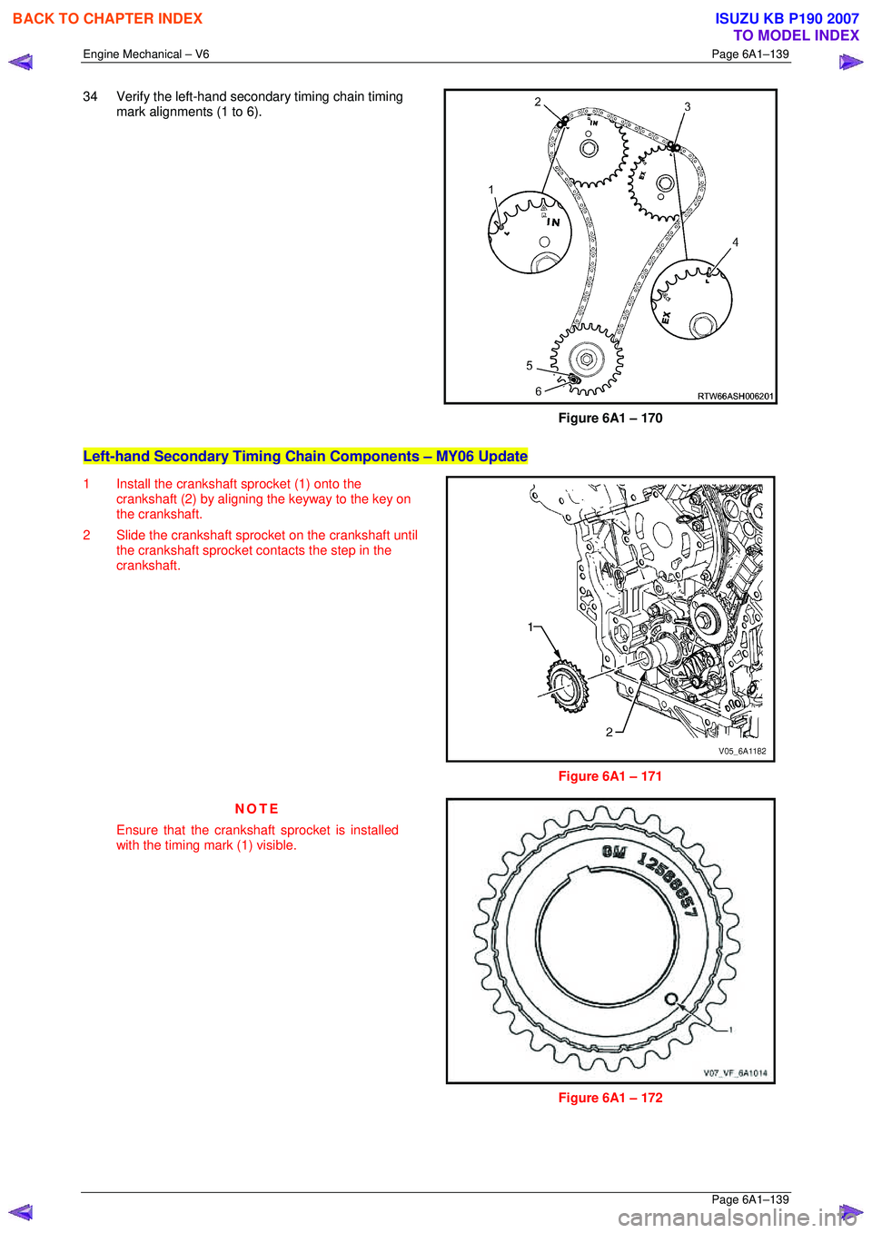 ISUZU KB P190 2007 Workshop Repair Manual Engine Mechanical – V6 Page 6A1–139
Page 6A1–139
34 Verify the left-hand secondary timing chain timing
mark alignments (1 to 6).
Figure 6A1 – 170
Left-hand Secondary Timing Chain Co ISUZU KB P190 2007 Workshop Repair Manual Engine Mechanical – V6 Page 6A1–139
Page 6A1–139
34 Verify the left-hand secondary timing chain timing
mark alignments (1 to 6).
Figure 6A1 – 170
Left-hand Secondary Timing Chain Co