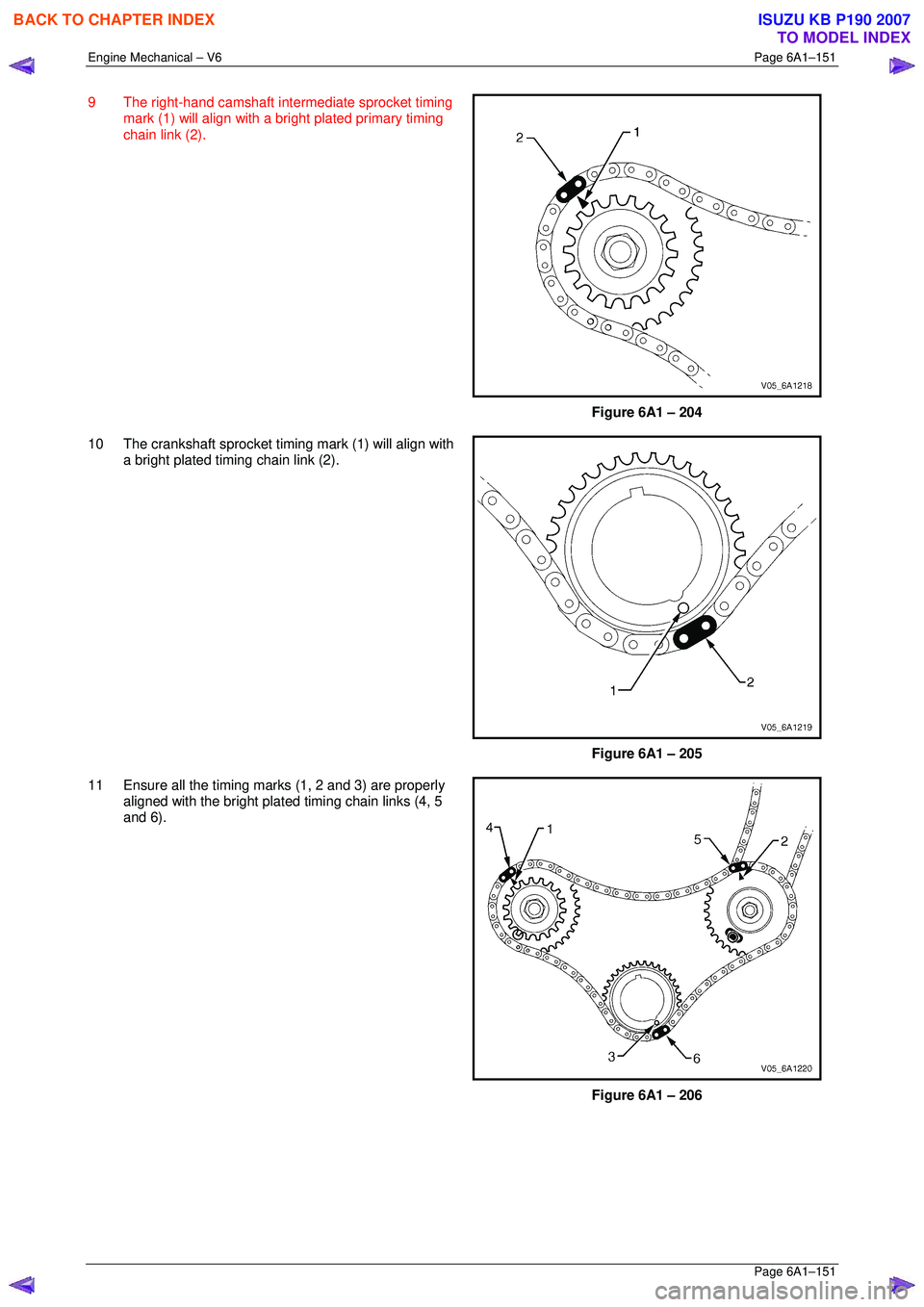ISUZU KB P190 2007 Workshop Repair Manual Engine Mechanical – V6 Page 6A1–151
Page 6A1–151
9 The right-hand camshaft intermediate sprocket timing
mark (1) will align with a bright plated primary timing
chain link (2).
Figure ISUZU KB P190 2007 Workshop Repair Manual Engine Mechanical – V6 Page 6A1–151
Page 6A1–151
9 The right-hand camshaft intermediate sprocket timing
mark (1) will align with a bright plated primary timing
chain link (2).
Figure